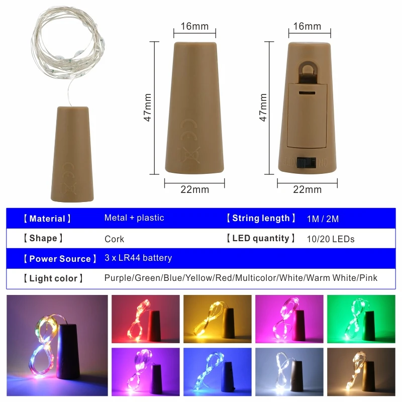 LED Wine Bottle Lights 2M 20LEDs Cork Shape Copper Wire Colorful Mini String Lights For Indoor Outdoor Wedding Christmas Lights