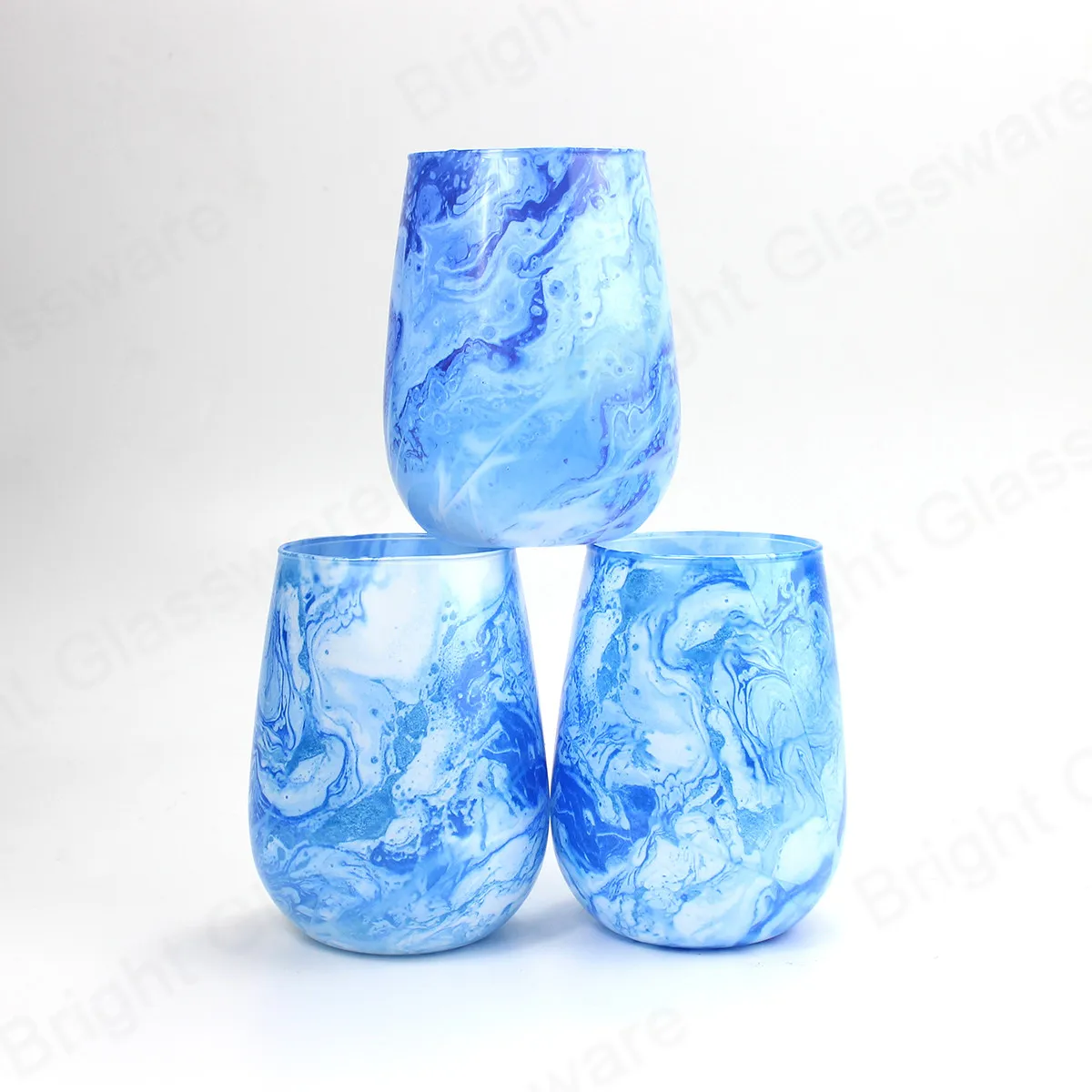 Premier Artistical Blue Wine Cup Shape Candle Jar Water Transfer Printing Candle Holder for Luxury Candle