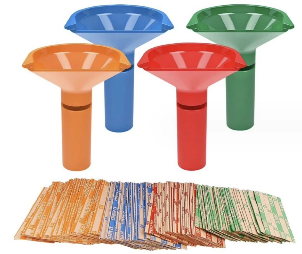 Coin Wrappers with Coin Sorter Tubes Funnel Shaped Color Coded Coin Counter Stacking Roll Sorting Tubes