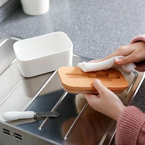 Custom ceramic food container round Rectangle Ceramic Large Butter Dish With Knife And Wooden Lid