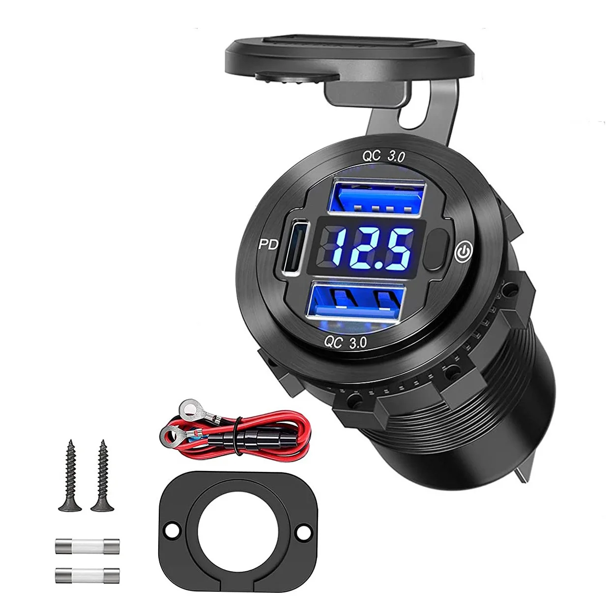 12V Car Charger Socket  Dual Quick Charge 3.0  PD USB C Car USB Ports   Voltmeter  Power Switch DIY   Marine Bus  RV charger