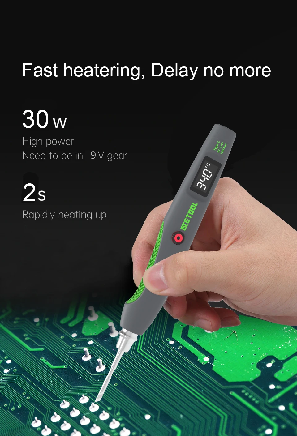 Цифровой паяльник 30 Вт мощность и порт USB Type-C сенсорный контроль