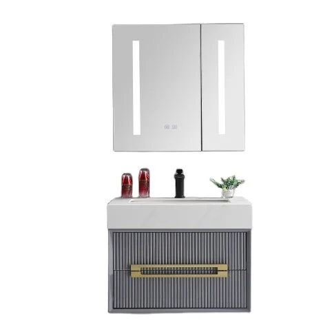KD-BC306W-60 High Grade Hotel Wall Hung Sink Bathroom Vanity Cabinet Set with Counter Top Small Size LED Mirror Storage Cabinet