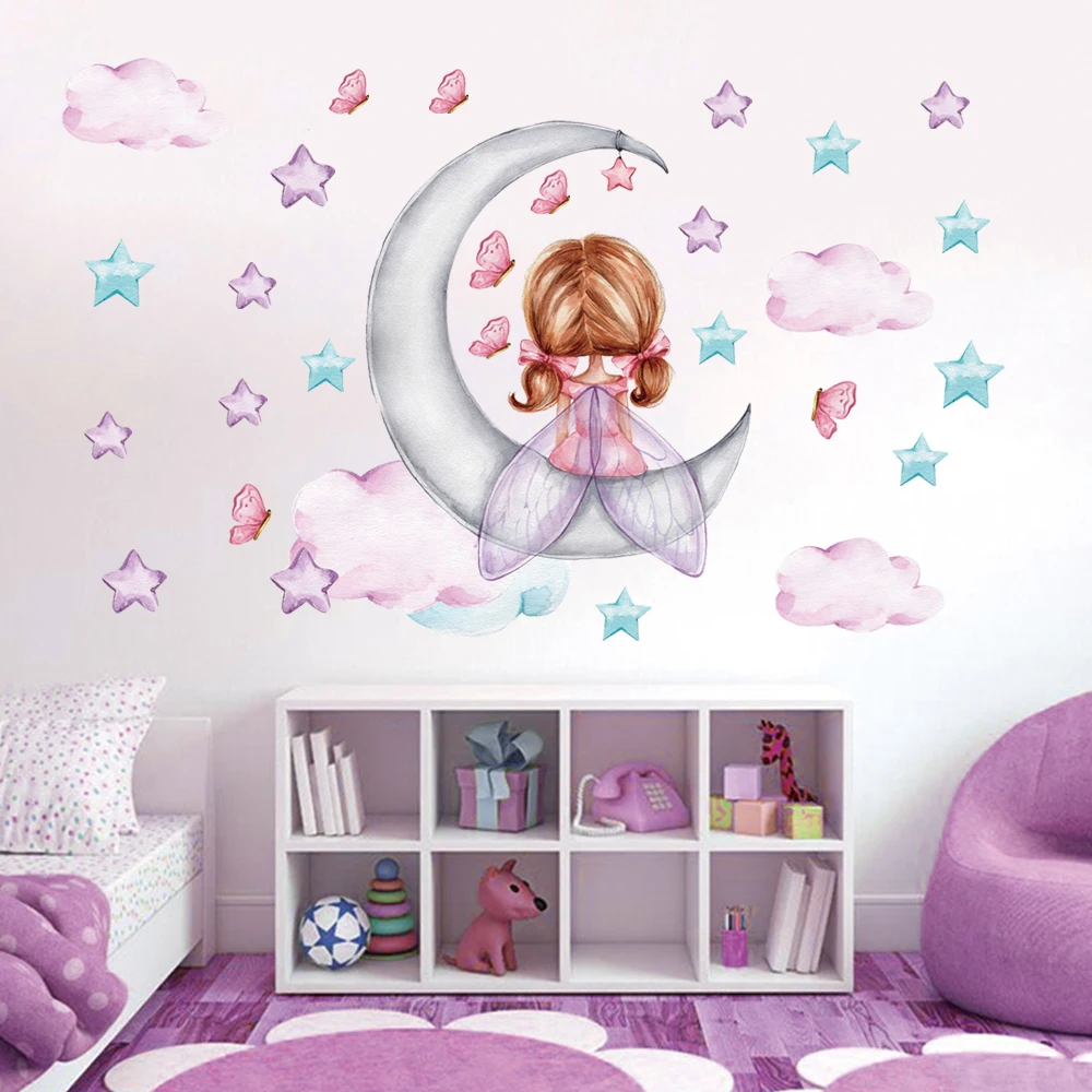 Home decoration colorful star baby girl on moon wallpaper sticker 3d wall paper