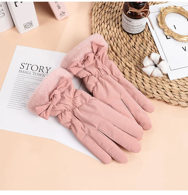 Warm Fleece Windproof Waterproof Elegant Bow Women Pink Gray Screen Touch Hand Gloves