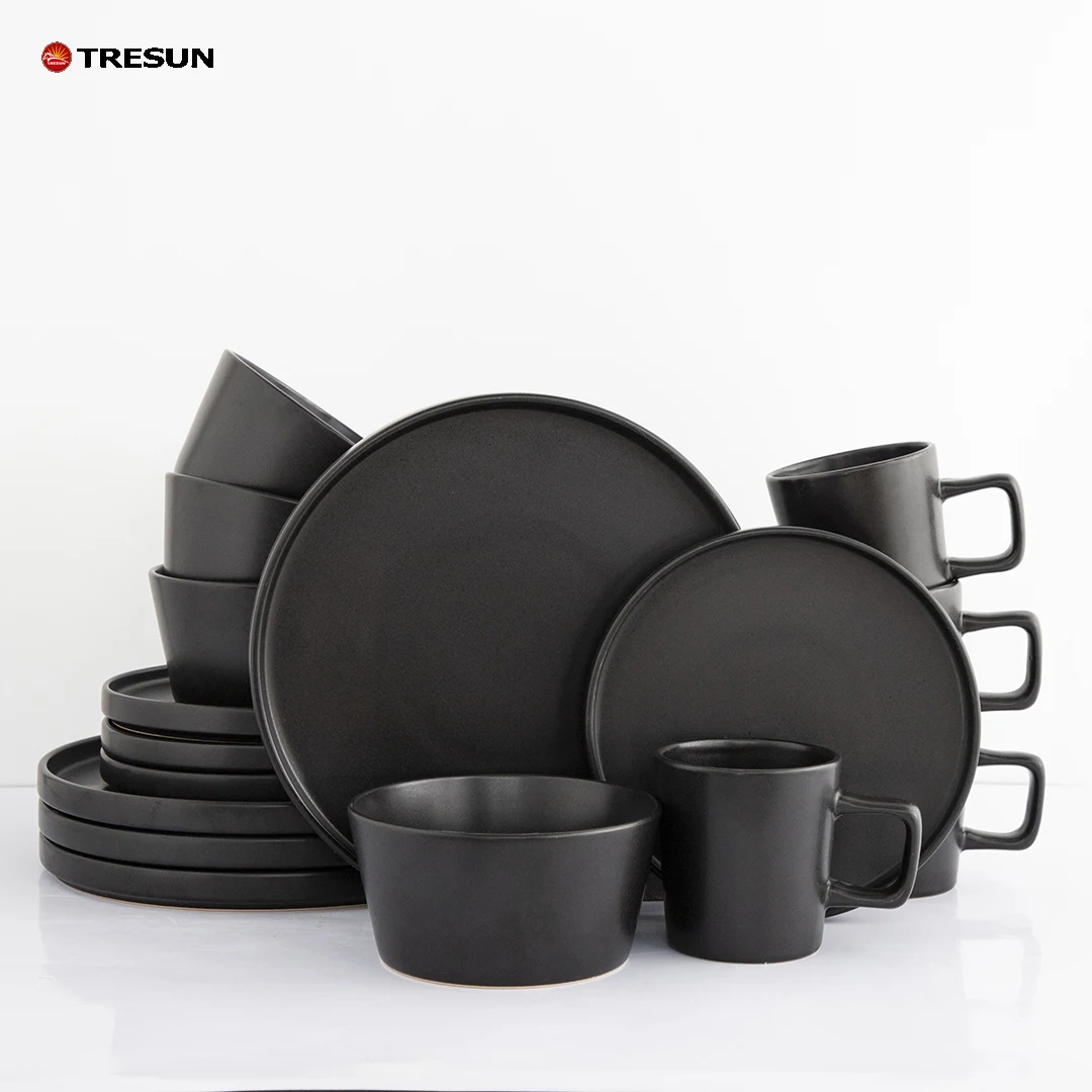 home restaurant use eco-friendly ceramic black porcelain set crokery stoneware dinner plates sets modern dinnerware set