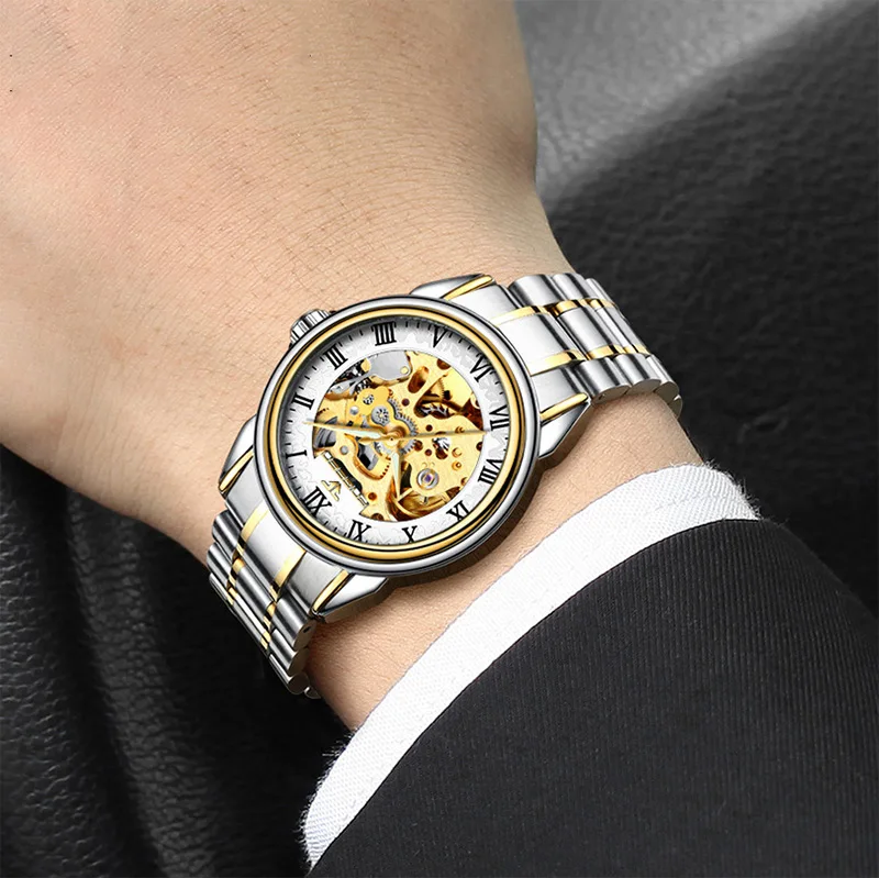 FNGEEN модные двусторонние полые автоматические механические часы подарок водонепроницаемые студенческие мужские часы для отца парня