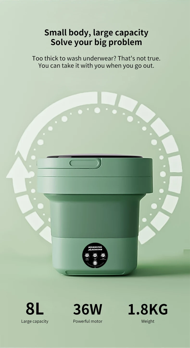 Factory outlet 8L Low Noise Folding Portable Washing Machine with Ag+ and 36W Powerful Laundry Power