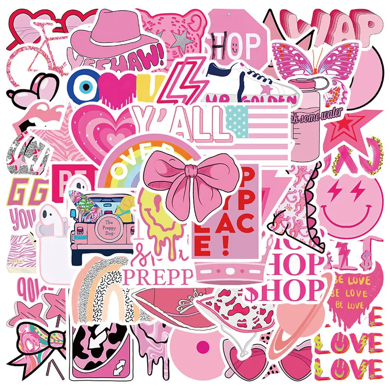 50pcs Pink Preppy Style Stickers Valentines Day Gifts Pink Girl Laptop Computer Bedroom Wardrobe Car Skateboard Motorcycle