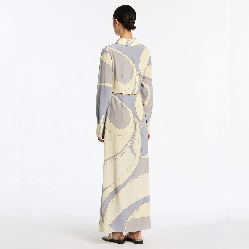 Muslim dresses Women Clothing Fashion Silk Satin Elegant Lapel Dress High split  Long Sleeve Button Shirt Casual Dresses