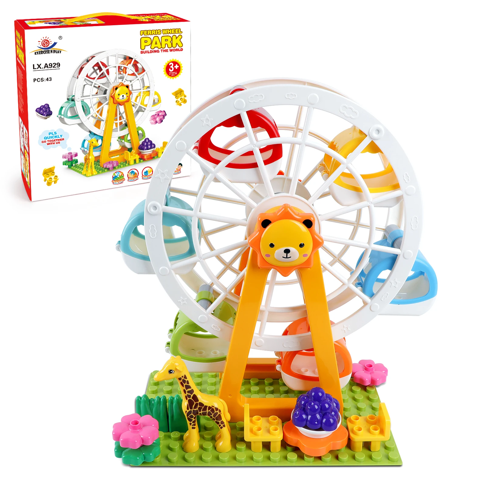 44PCS Ferris Wheel Building Blocks Sets, 3D Amusement Park Model Kit, Large Bricks Classic Creative Construction Toy for Toddler