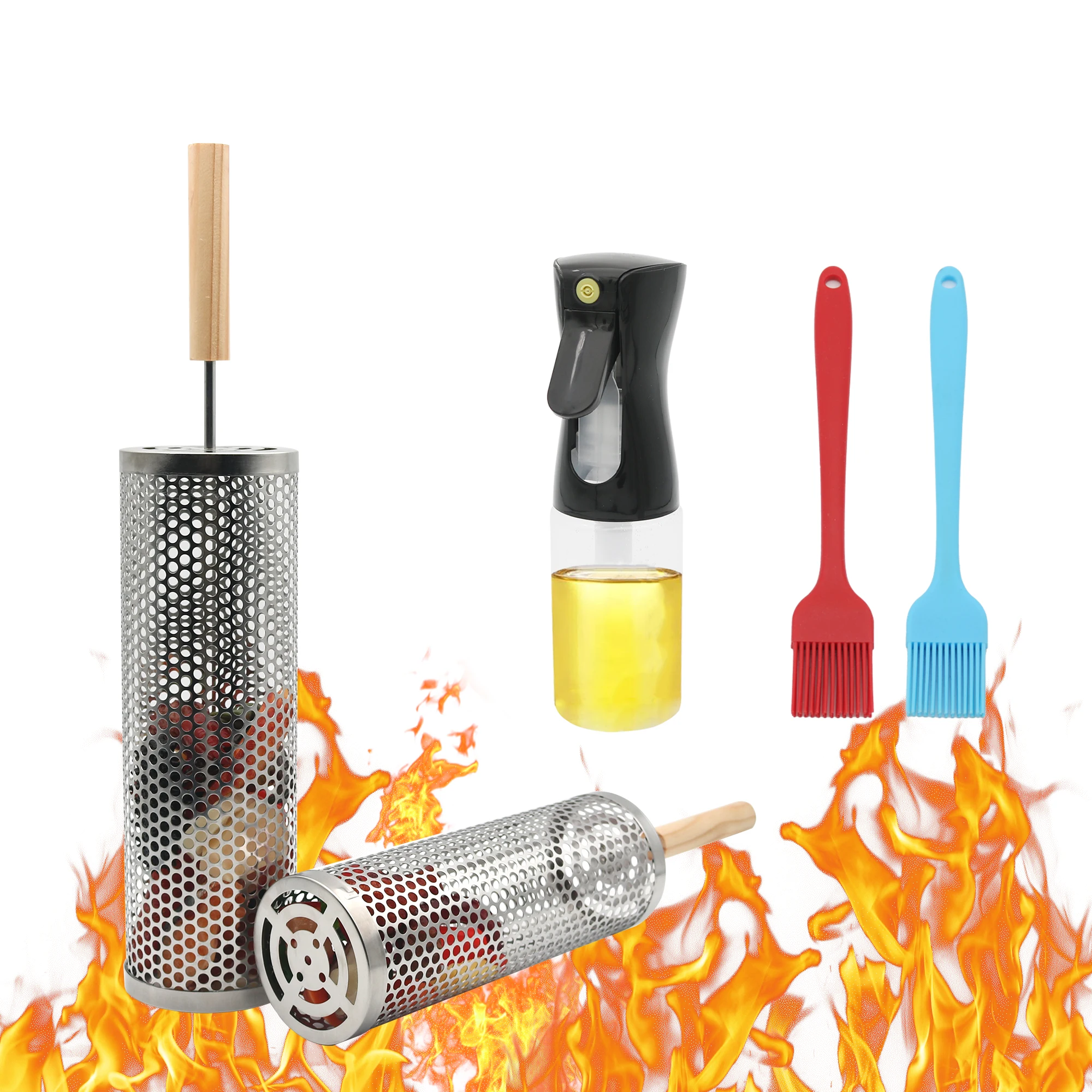 2024 New Product-304 Stainless Steel round Grill Basket Rolling BBQ Tool with Stick and Net Oil-Finished for Outdoor Use