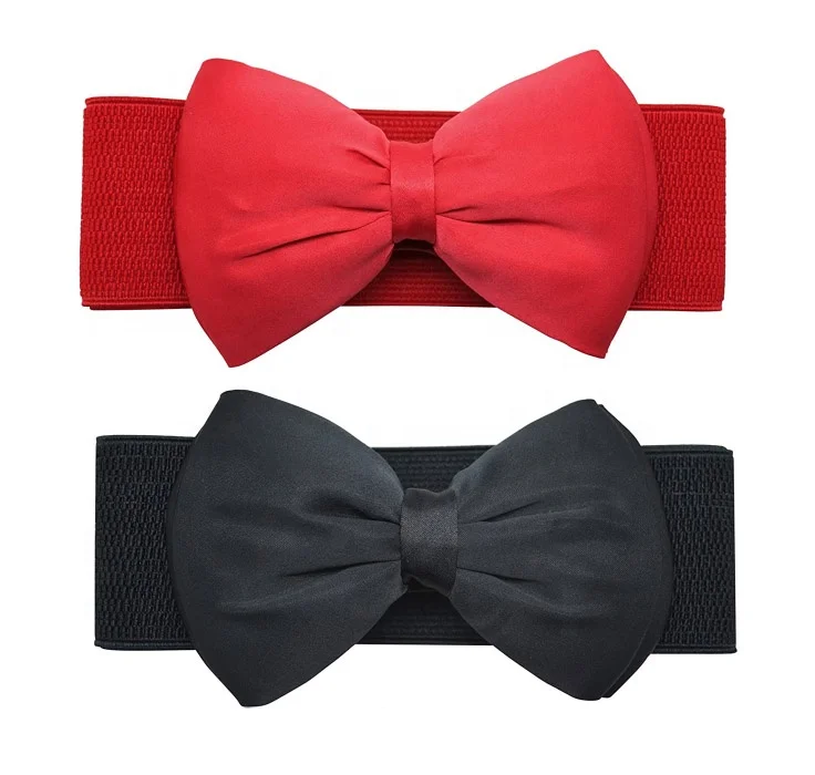 Red Rosy Lady Girl Stretch Cinch Vintage Women Cute Bowknot Bow Knot Wide Elastic Waist Belt Dress Decoration