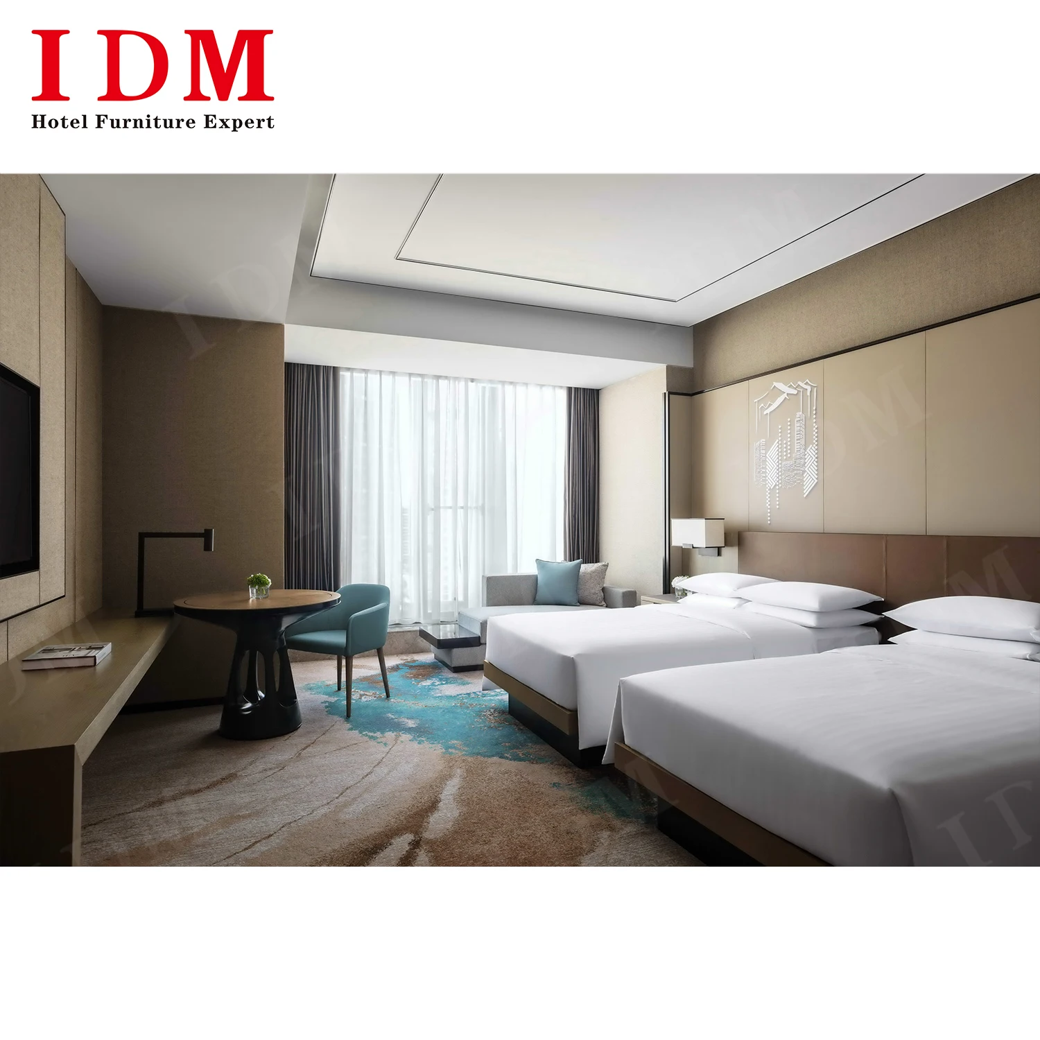 Modern deluxe commercial luxurious hotel bedroom furniture set with pillow sleeping double bed for hotel room furniture