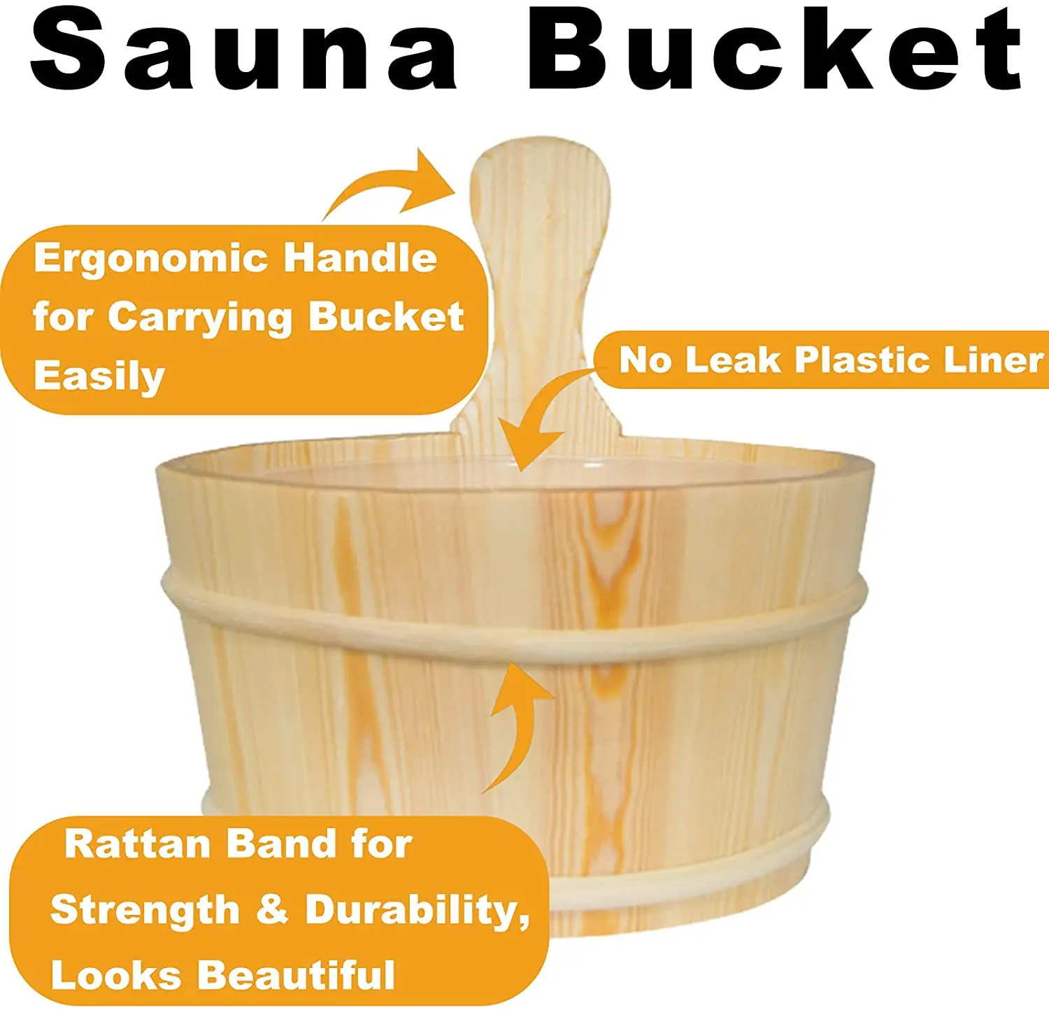 Handmade Sauna Bucket Ladle Set Premium White Hourglass Sand Timer Traditional Wooden Water Bucket with Plastic Liner for Sauna