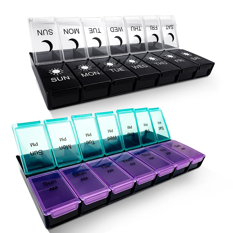 Customized Logo Pill Box Pills Case Organizer Medicine Box for Travel Portable 14 Compartments