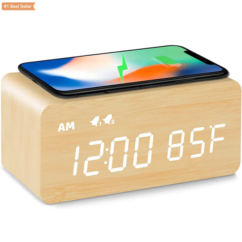 Jumon Digital Wooden Alarm Clock with Wireless Charging 0-100% Dimmer Dual Alarm Weekday Weekend Mode Snooze Bamboo LED Clocks