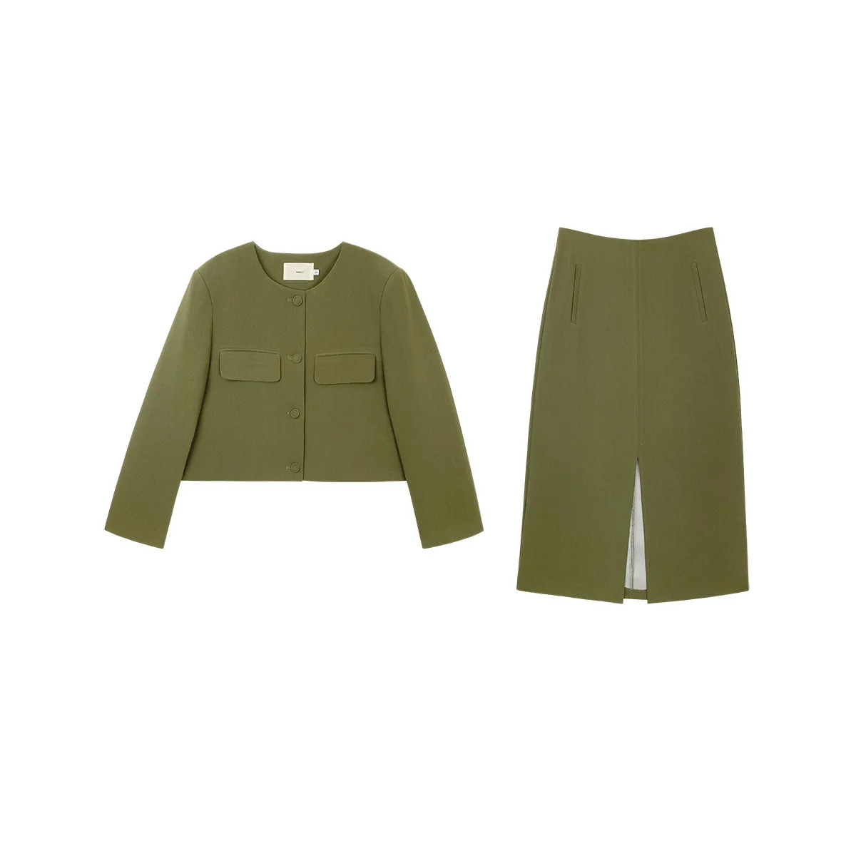 quality women casual dresses 2 piece skirt set army green front split straight long skirt and cropped blazer matching women set