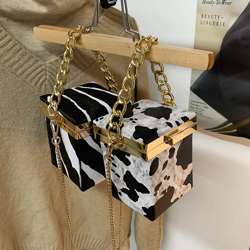 2022 Cow pattern chains box crossbody sling bag purse handbag wedding party glasses and evening clutch bags set for women