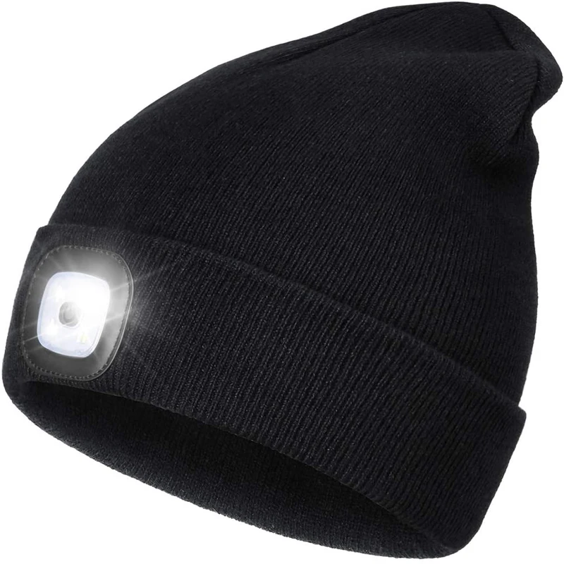 Unisex USB Rechargeable Hands Free 4 LED Headlamp Cap Winter Knitted Night Lighted Hat Flashlight LED Beanie Hat with Light