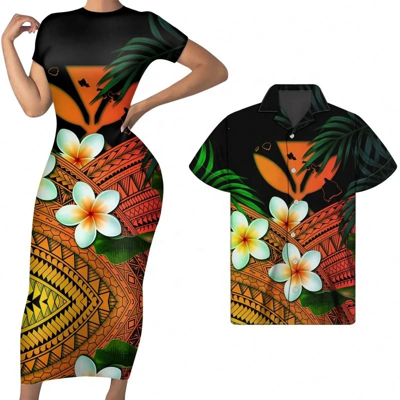 Love Orange Kanaka Maoli Tribal Polynesian Print Women Long Dress With Short Sleeve Match Men Shirts Summer Couple Clothing