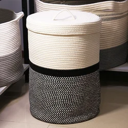 Amizon hot best sale tall wholesale white and grey pattern  weave household cotton rope storage basket with cover lid
