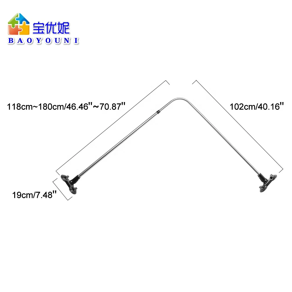 BAOYOUNI Black Telescopic Corner Shower Rod L Shaped Suction Cup Bathroom Curtain Rail Bathtub Curtain Bar without Drilling