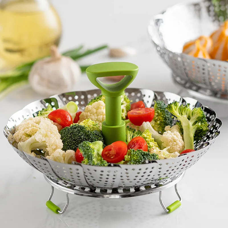 Besafe Stainless Steel Folding Expandable Vegetable Food Steamers Basket with handle for Veggie Fish Seafood Cooking
