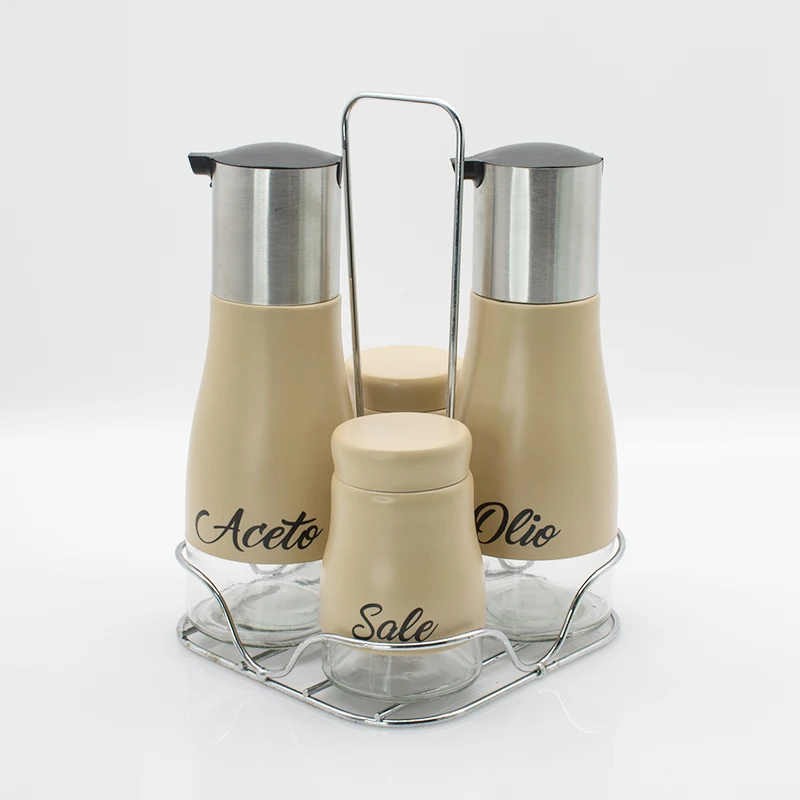 4pcs glass spice set with metal rack glass salt pepper oil and vinegar condiment cruet set with stainless steel lid cover