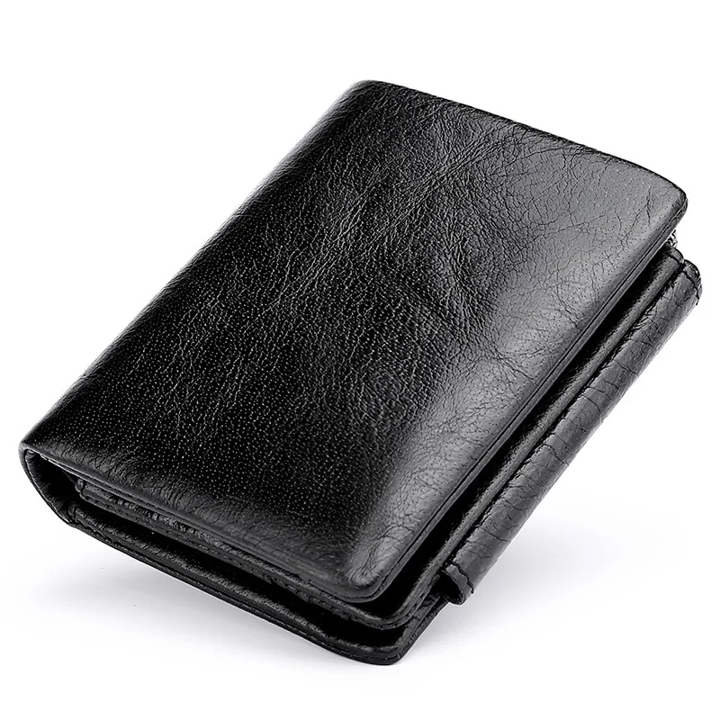 Free shipping Vintage soft oil wax leather anti-theft men trifold short wallet with zipper coin pocket