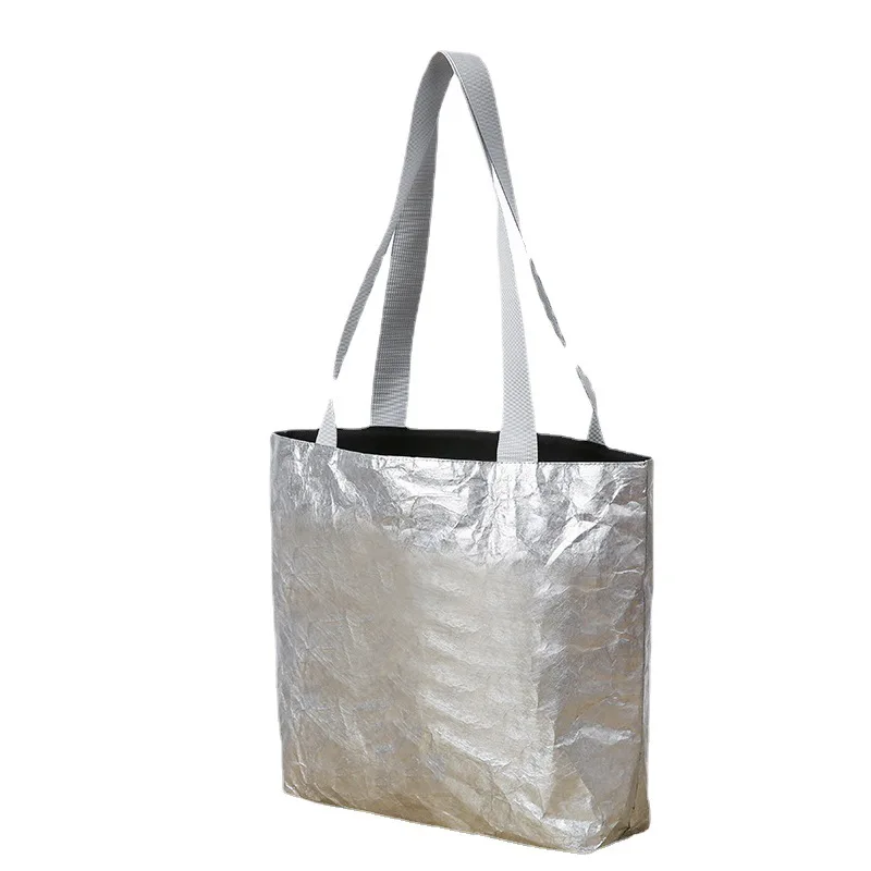 Silver shinning Carrier tyvek paper special tyvek custom shopping dupont paper tote bag with shoulder handle strap