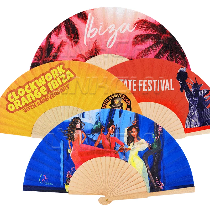 Wholesale manual engraved wooden fabric hand fans