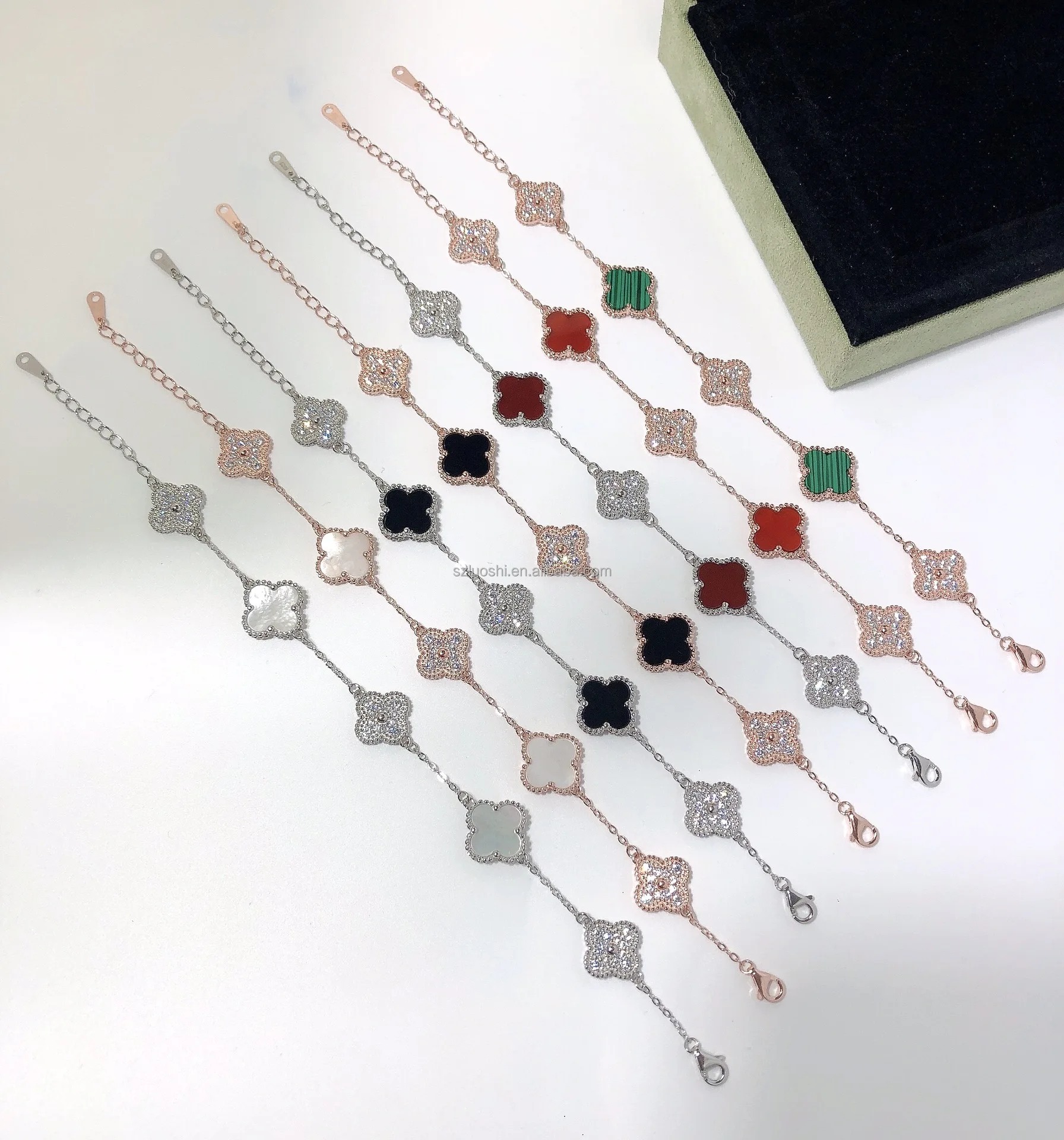 High Quality Luxury Designer Brand Jewelry Women Flower Bangle 18k Gold Plated Lucky Four Leaf Clover Excellent Agate Bracelet