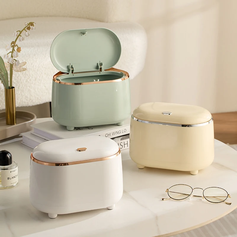 Multi-scene collocation Press desktop small trash can Ddouble-layer oval spring lid storage tube