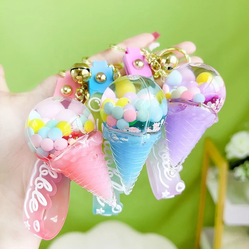 2023 new cute acrylic keyring key chain ring oil floating ice cream bubble quicksand liquid  keychain