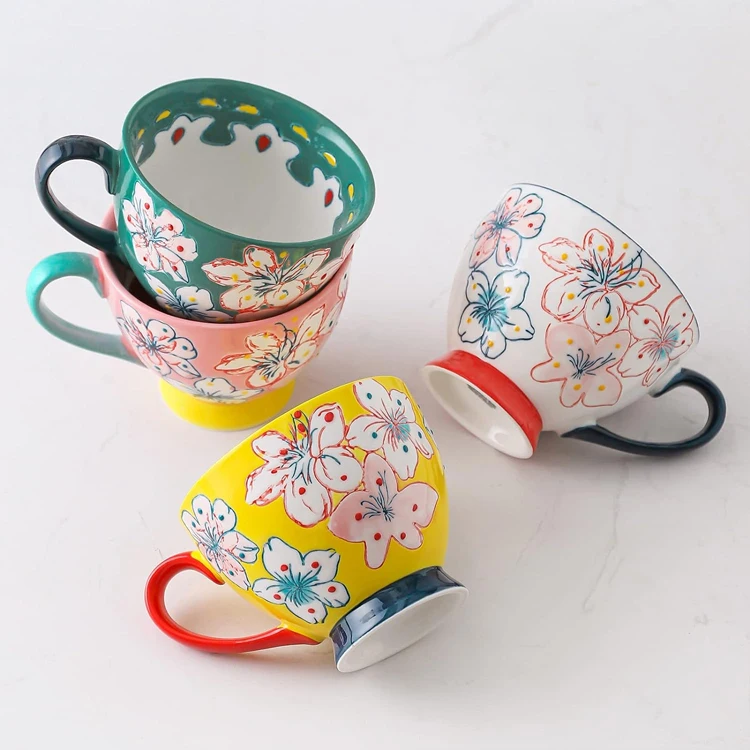 Custom Logo Creative Reusable Retro Style Cup Portable Food Grade Large Capacity Hand-Painted Flower Coffee Mugs Ceramic Cup