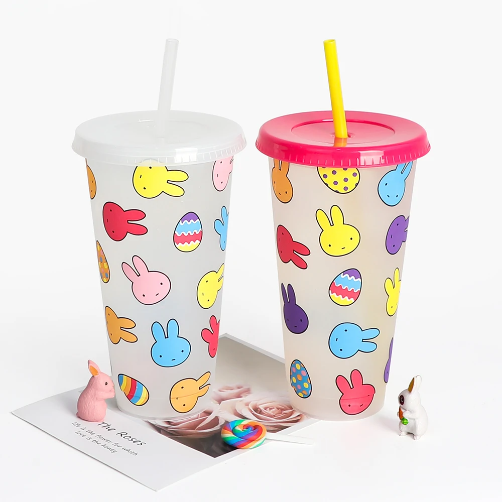 Easter cup plastic cold tumbler 24oz kids gift mug reusable color changing cups with lids straws for party