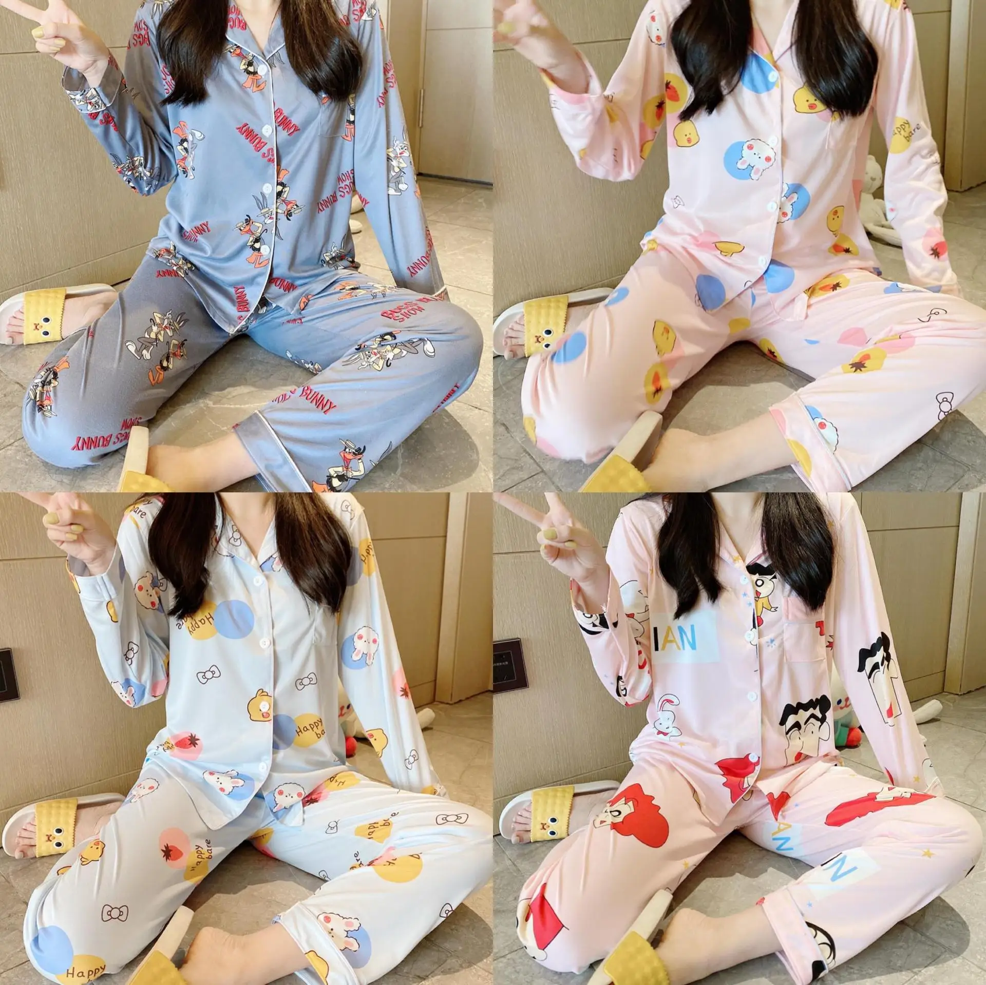 korean sleepwear pajama womens best selling monsoon Long-sleeved cardigan home service cartoon suit Cotton sleep wear piyama set