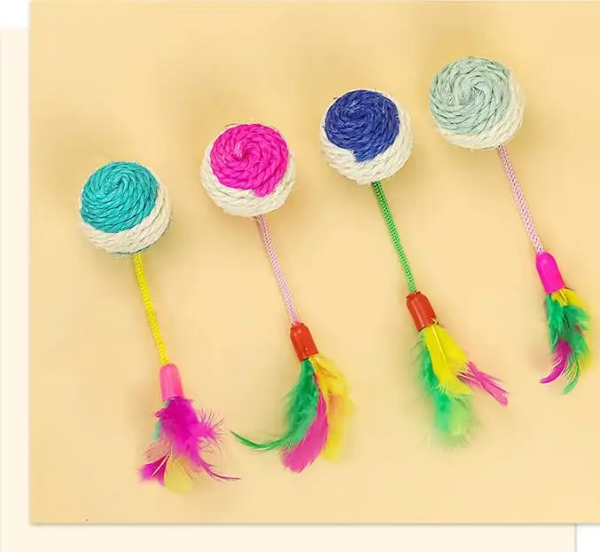 Pet Grinding Claws Toys Cat Interactive Toys Sisal Ball with Feather Tail Sisal Feather Tail Cat Chewing Toy