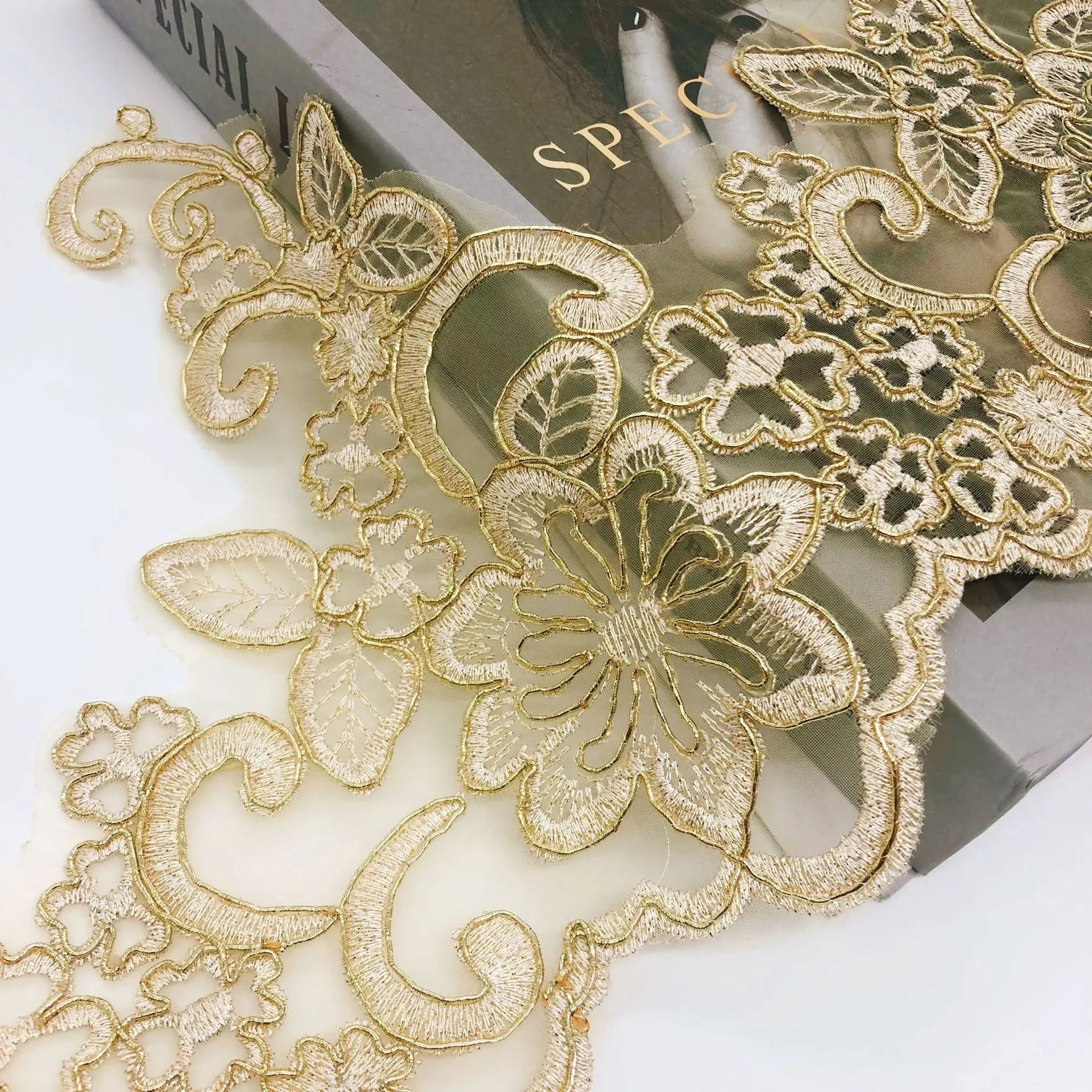 22 cm Wide Gold Metallic Thread Embroidery Tulle Mesh Polyester Guipure Cording Lace Trim