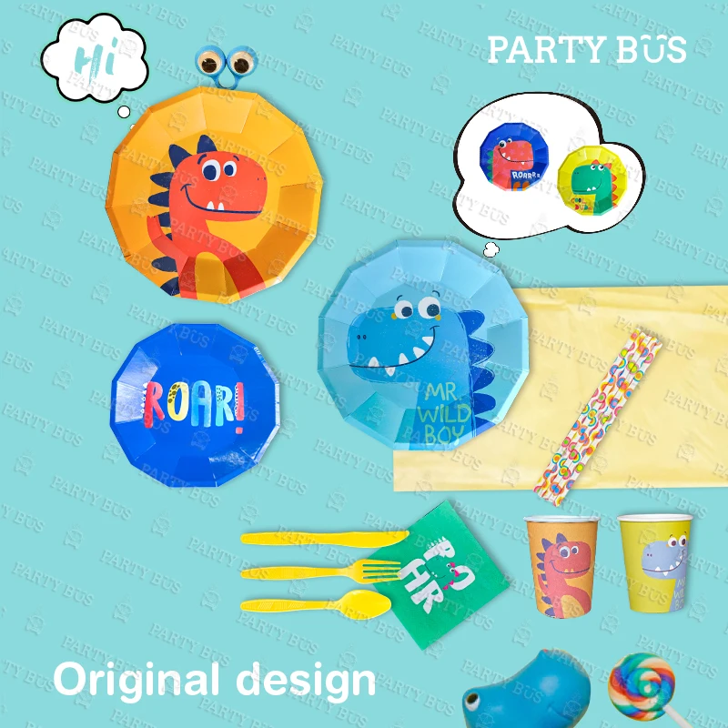 PARTYBUS 2021, оптовая продажа, товары для дня рождения с динозавром, одноразовые Мультяшные бумажные тарелки, чашки, наборы посуды для вечеринки для детей