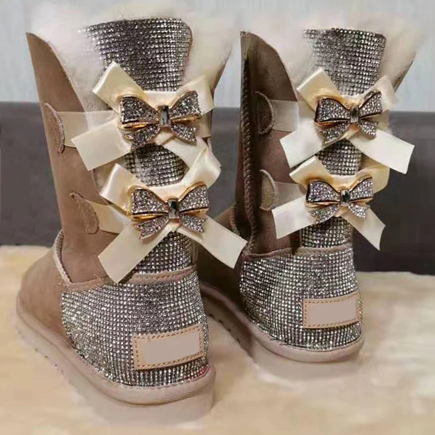 Snow Boots Wholesale Fashion Ladies Sheepskin Kids Women Winter Snow Ribbon Fur Boots With Bows 2023 Snow Boots