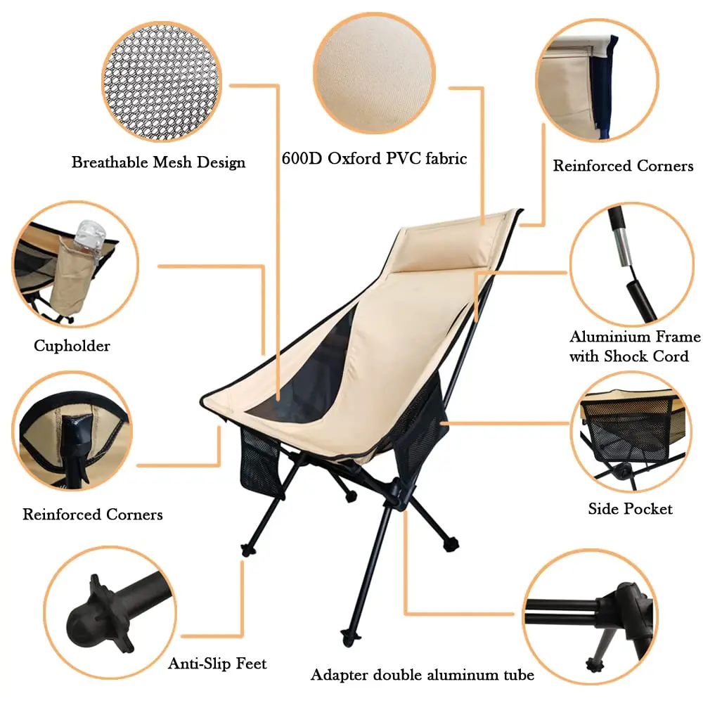 High Load Capacity Fishing Chair Portable Beach Chair Leisure Camping Folding Chair With Pillow Headrest