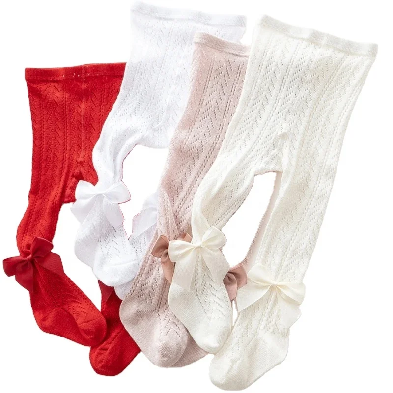 Wholesale Little Baby Girls Pantyhose Tight Leggings Solid Color Hollow Long Socks With Bow Stockings 3 Months 3 Years