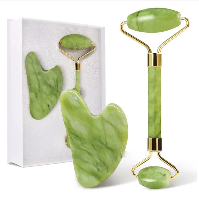 Gua Sha Jade Roller Facial Tool Set Crystal Material Self-Care Gift for Men and Women Helps Reduce Puffiness Redness Green