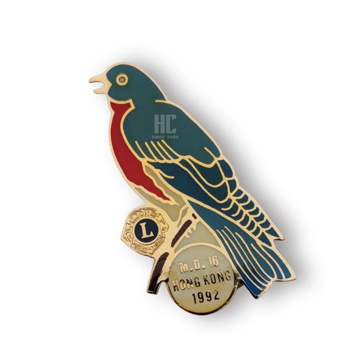 20 Years  Factory Custom Lions Club International 1992 Hong Kong Convention MD 16 Enamel and Gold Tone Bluebird Double Lapel Pin