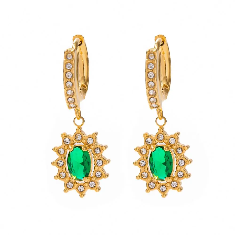 Sunflower Hoop Green Cubic Zirconia Earrings For Girls Retro 18K Gold Plated Stainless Steel Jewelry Gift