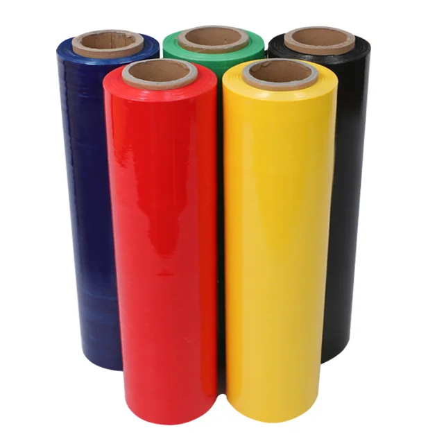 blue color manual using self adhesive strong extention in 6 times LLDPE strech film for pallet packaging