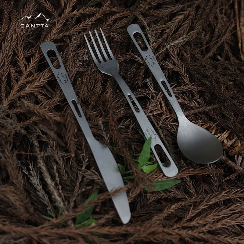 SANTTA Pure Titanium Camping Cutlery Knife Fork Spoon Set with Storage Pouch and Carabiner Clip