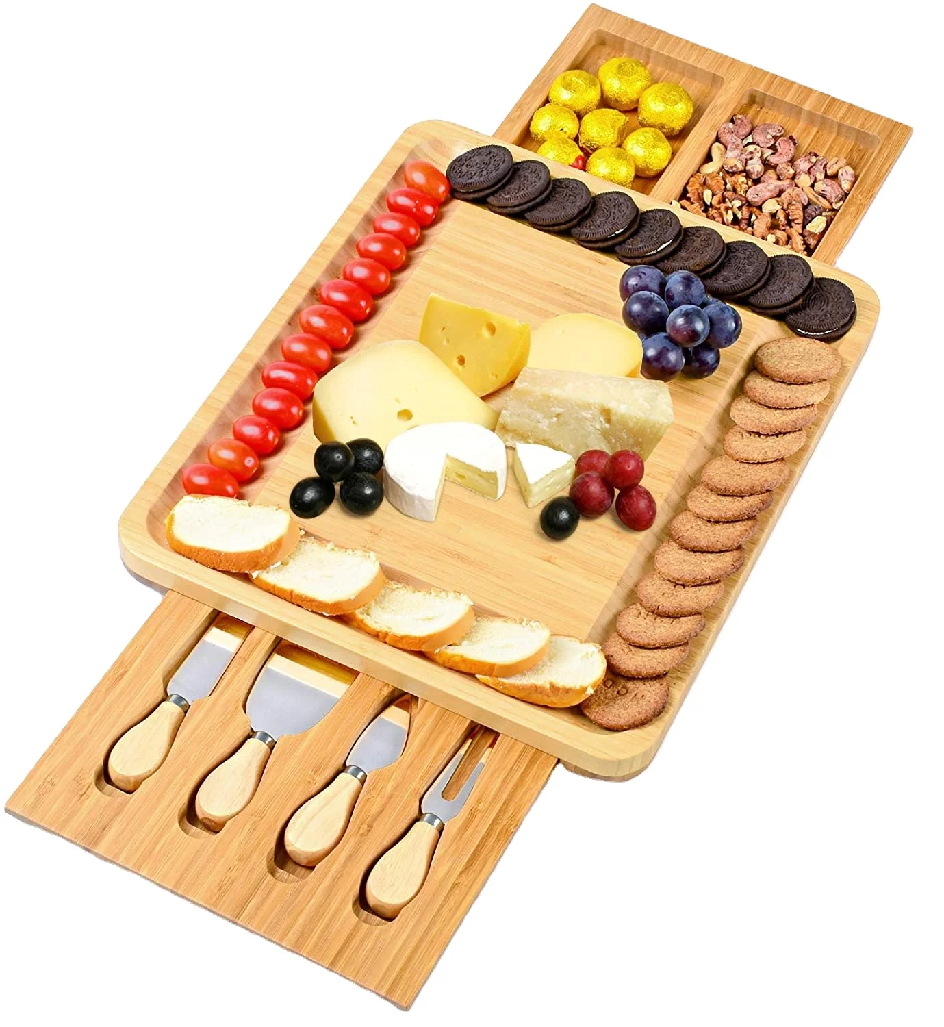 Bamboo Cheese Board Cheese Servers with Double Side Hidden Drawer Charcuterie Platter and Cheese Serving Tray
